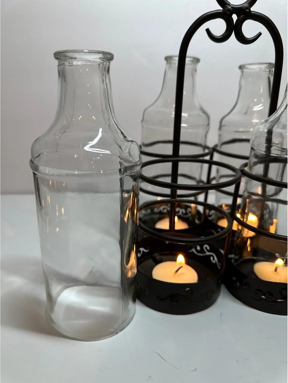 Vintage Rustic Centerpiece 4 Clear Glass Bottles Black Metal Candle Holder